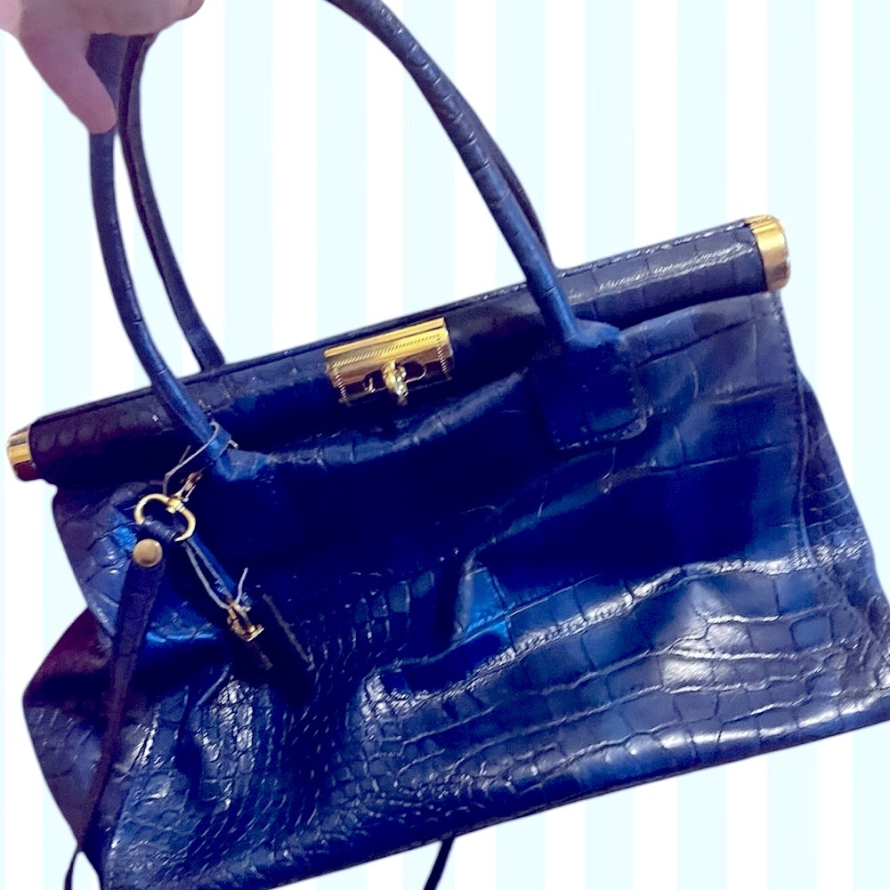 Italian Elegant Blue Crocodile-Embossed vintage Handbag
